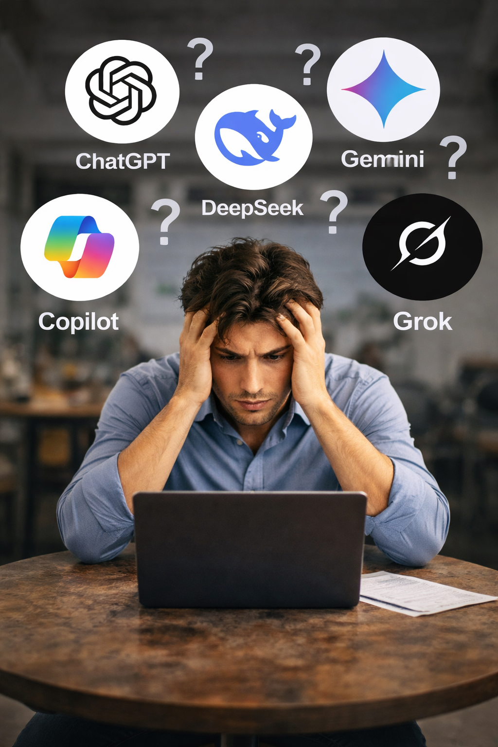Man frustrated by outdated annual reports and conflicting answers from ChatGPT, Gemini, Grok, DeepSeek, Claude and Copilot