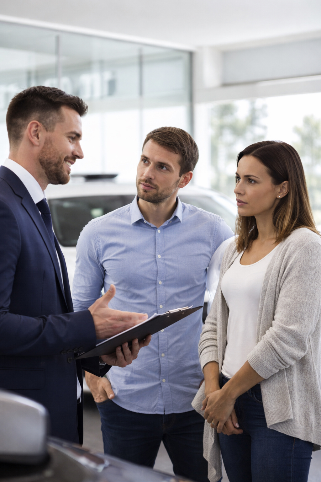 Couple listening to a car salesperson at a dealership