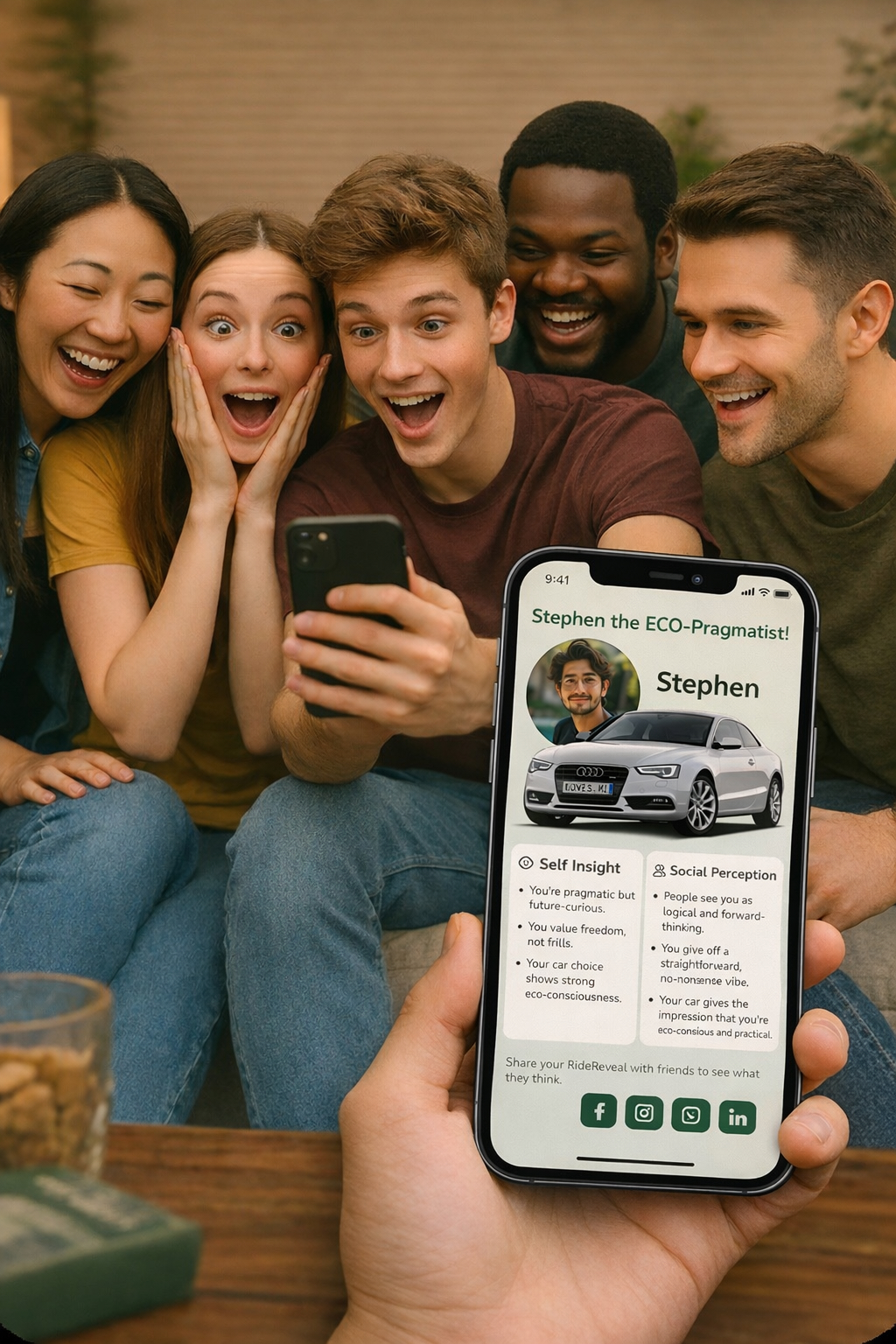 People reacting with surprise and excitement to their RideReveal™ personality results on Carreb