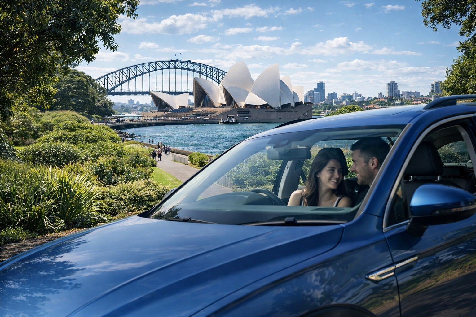 Car driving through Sydney with lush Botanic Gardens backdrop — smarter choices for your wallet and the planet